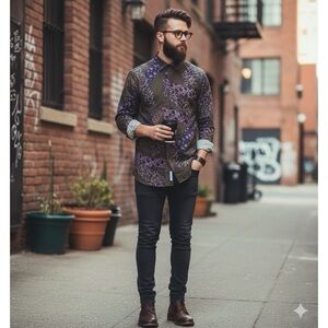 ETRO Purple/Olive Green‎ Paisley Button Down Shirt